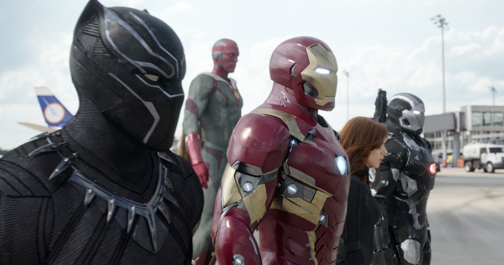 Marvel's Captain America: Civil War L to R: Black Panther/T'Challa (Chadwick Boseman), Vision (Paul Bettany), Iron Man/Tony Stark (Robert Downey Jr.), Black Widow/Natasha Romanoff (Scarlett Johansson), and War Machine/James Rhodey (Don Cheadle). Photo Credit: Film Frame © Marvel 2016