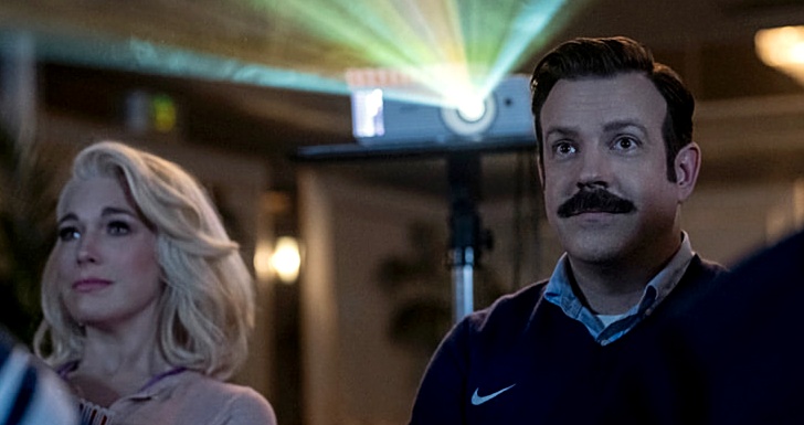 Hannah Waddingham and Jason Sudeikis in "Ted Lasso,"