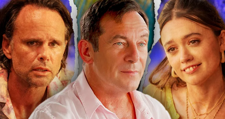 Jason Isaacs, Walton Goggins e Aimee Lou Wood em The White Lotus