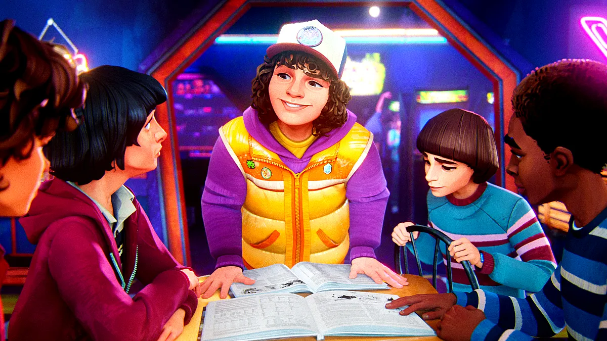 Stranger Things: Tales From '85: Season 1. (L-R) Brooklyn Davey Norstedt as Eleven, Luca Diaz as Mike, Braxton Quinney as Dustin, Benjamin Plessala as Will, and Elisha “EJ” Williams as Lucas in Stranger Things: Tales From '85: Season 1. Cr. NETFLIX © 2026