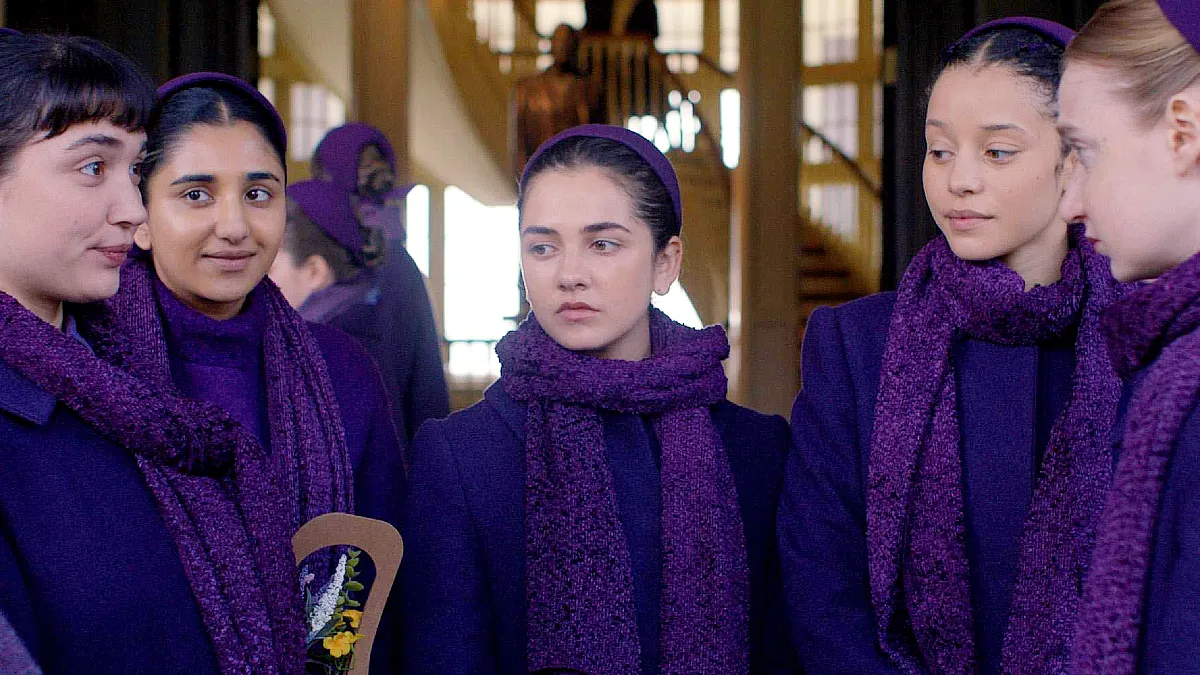 Isolde Ardies, Chase Infiniti, Rowan Blanchard, Shechinah Mpumlwana, Mattea Conforti, and Birva Pandya in The Testaments (2026)